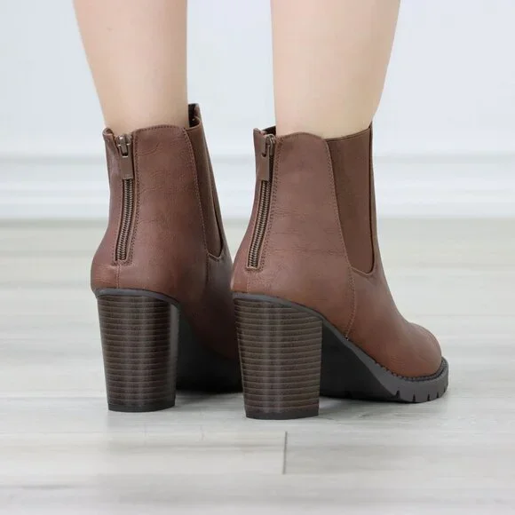 Womens Ankle Boots Lug Block Heel Brown Synthetic Leather Round Toe Elastic Gore - Picture 11 of 11